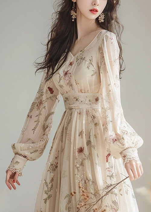 V Neck Print High Waist Chiffon Dress Long Sleeve Spring