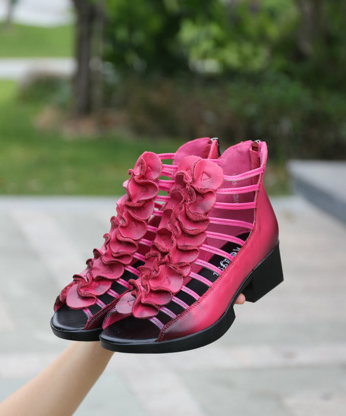 Green Sandals Boots Hollow Out Splicing Chunky Peep Toe