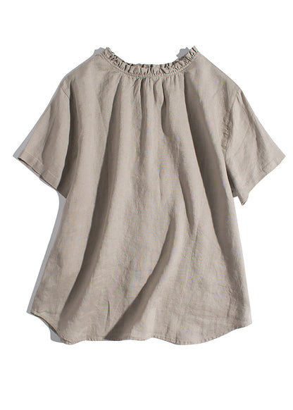 Simple Pink Ruffled Wear on Both Sides Linen Blouses Summer
