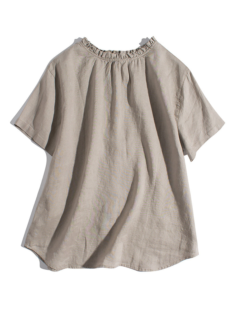 Simple Pink Ruffled Wear on Both Sides Linen Blouses Summer
