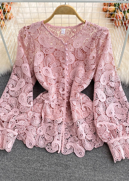 French Blue O-neck Hollow Out Tunitc Lace Top Long Sleeve