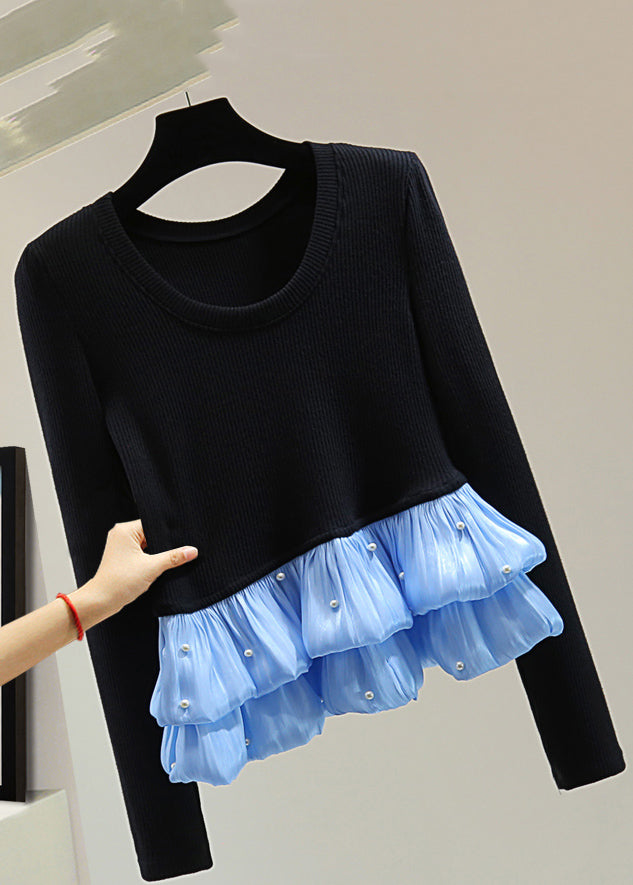 Black Chiffon Patchwork Nail Bead Cotton Knit Top Winter