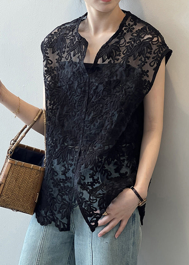 Beige V Neck Embroidered Hollow Out Shirts Summer