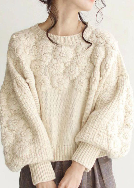 Beige Thick Warm Embroideried Fall Knit Sweaters
