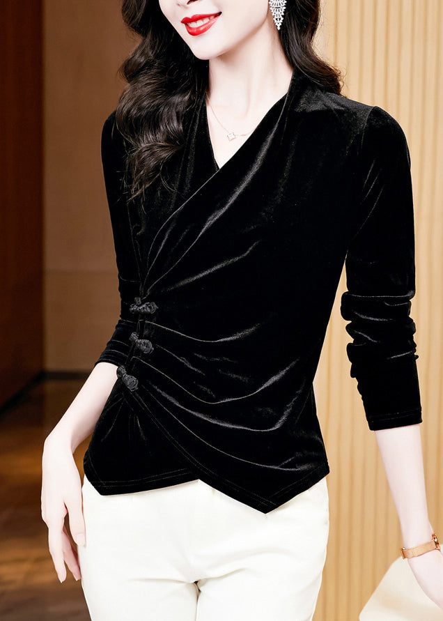 Black Wrinkled Button Silk Velour Tops Long Sleeve