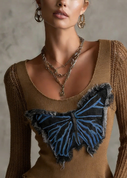 Coffee Butterfly Patch Hollow Out Knit Top Flare Sleeve