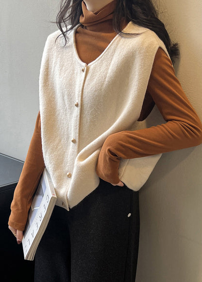 Khaki O Neck Button Knit Vest Tops Sleeveless
