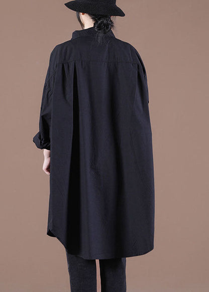 Handmade Black Loose Button Asymmetrical Design Fall Top Long Sleeve