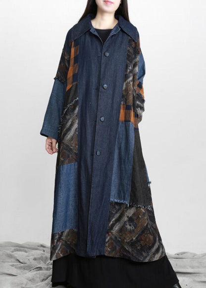 New Denim Blue Patchwork Button Tie Waist Fall Trench Coats