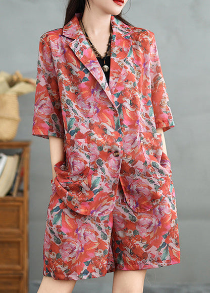 Loose Peter Pan Collar Print Coat and Shorts Cotton Two Pieces Set Summer