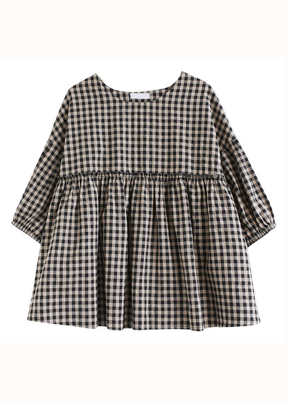 Plaid O Neck Wrinkled Patchwork Cotton Top Lantern Sleeve