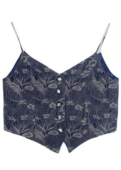 Blue Jacquard V Neck Button Spaghetti Strap Cotton Summer Tank