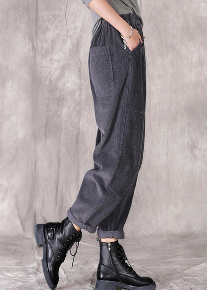 Grey Pockets Patchwork Elastic Waist Corduroy Pants Fall