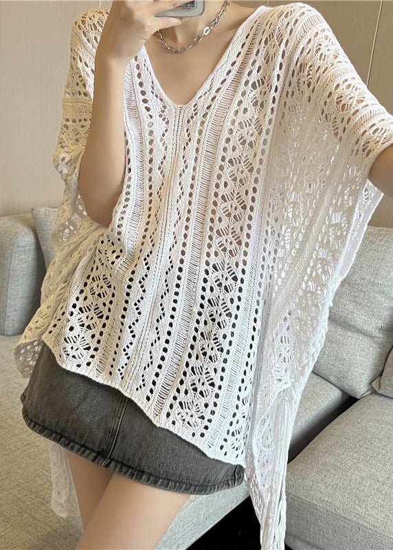 Black V Neck Low High Design Ice Silk Knit T Shirt Summer