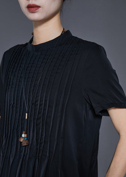 Black Stand Collar Wrinkled Cotton Dress Summer