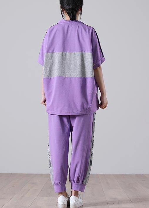 Natural Light Purple Graphic Zippered Two Pieces Set Summer Cotton