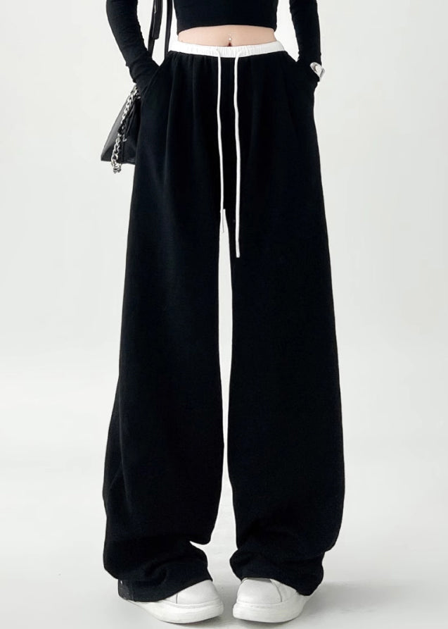 Black Pockets Tie Waist Wide Leg Pants Spring