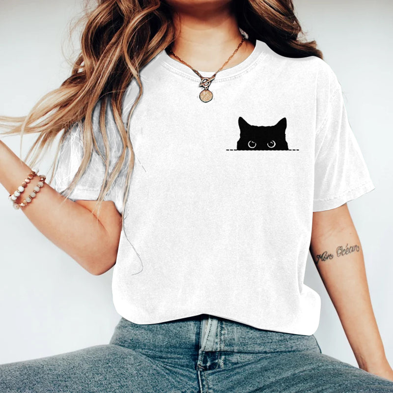 Women's Black Cats Art Washed T Shirt elevenforest