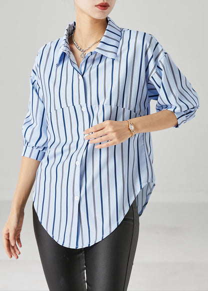 Blue Peter Pan Collar Striped Cotton Top Fall