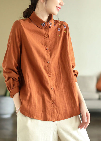 Diy Orange Turn-down Collar Embroideried Cotton Shirts Spring