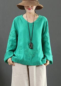 V Neck Embroidery Spring Tops Neckline Green Shirt