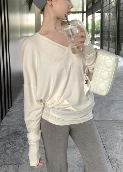 Beige Loose Cotton Spring Top V Neck