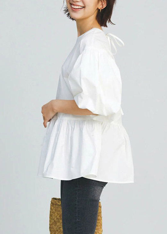 White O-neck Patchwork Cotton Shirt Puff Sleeve
