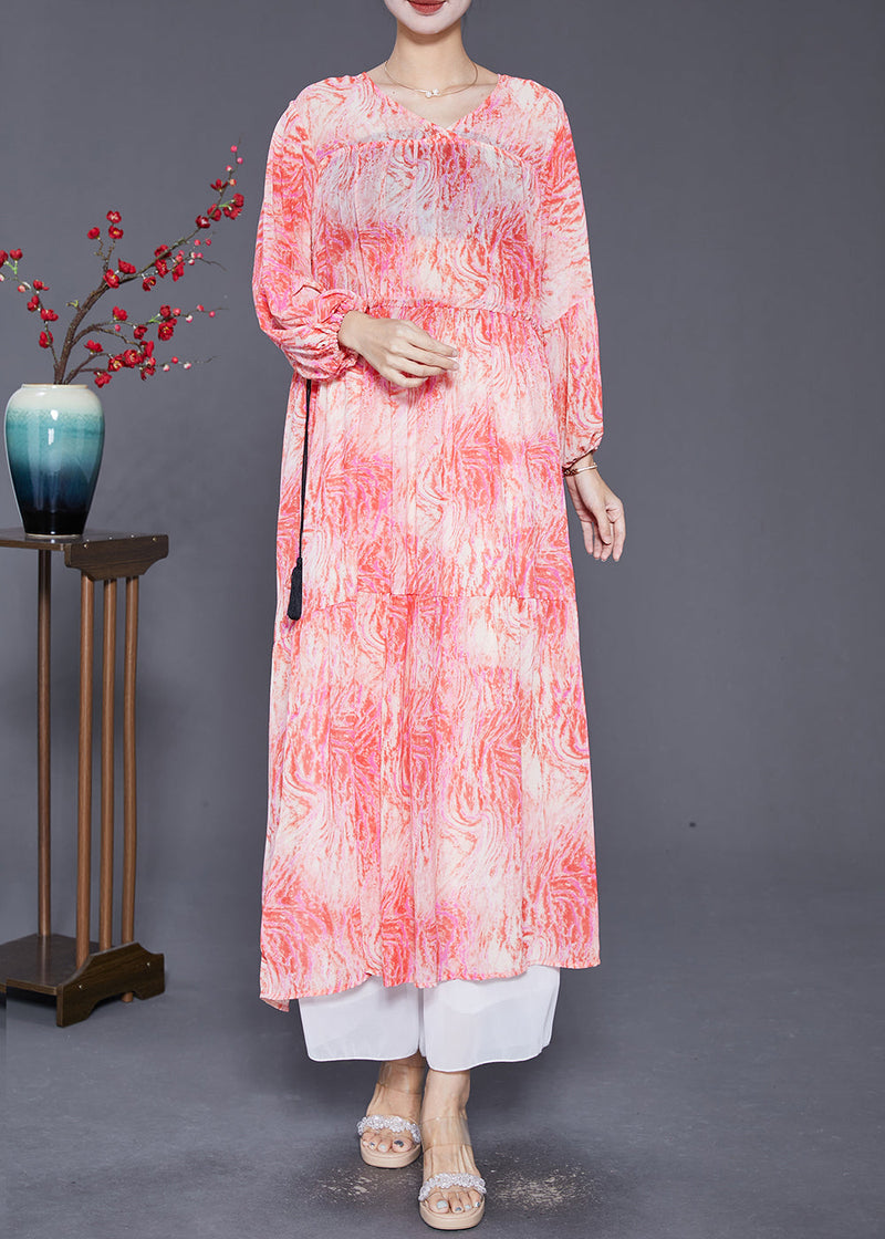 Pink Cinched Print Chiffon Vacation Dresses Fall