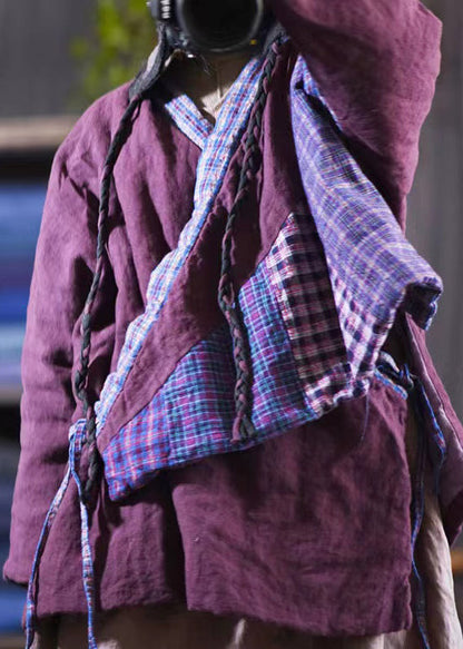 Purple V Neck Lace Up Patchwork Fine Cotton Filled Coats Winter