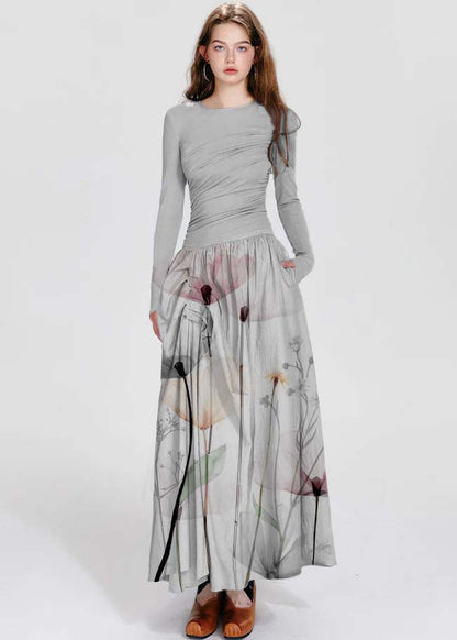 French Black O-neck Asymmetrical Wrinkled Maxi Dresses Spring