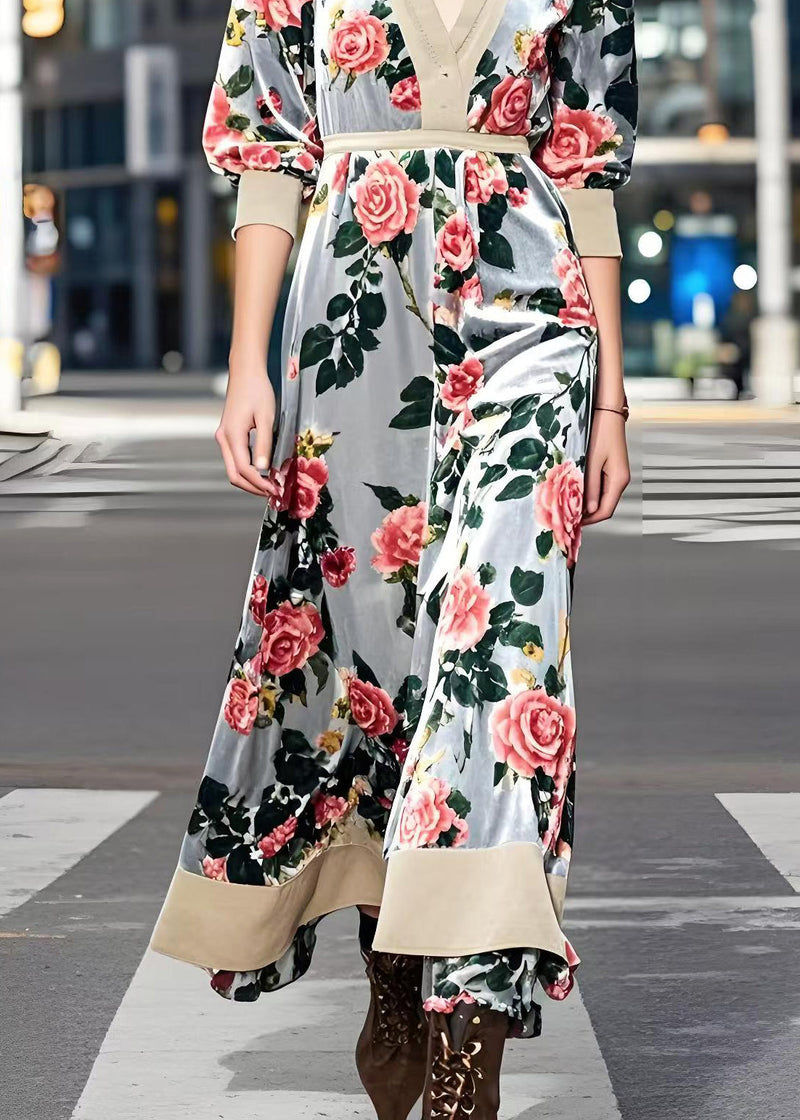 Light Grey Cinched Silk Velour Maxi Dress Spring