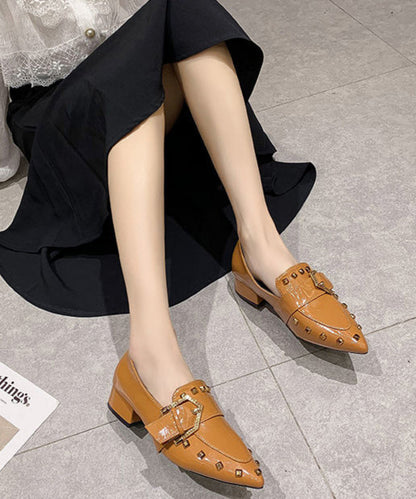 Black Chunky Heel Faux Leather Pointed Toe Rivet