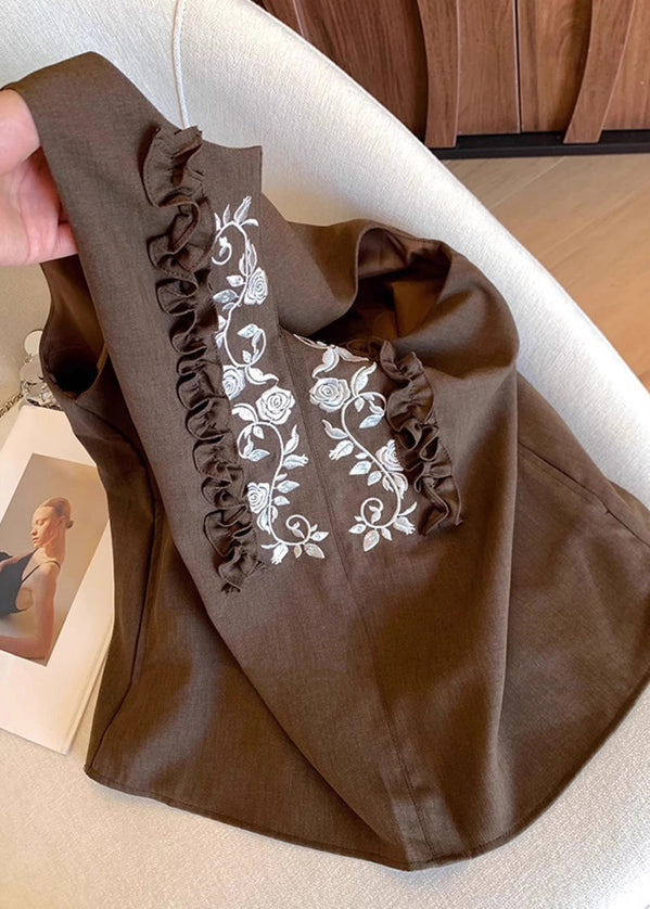 Chocolate Embroideried Ruffled Linen Vests Summer