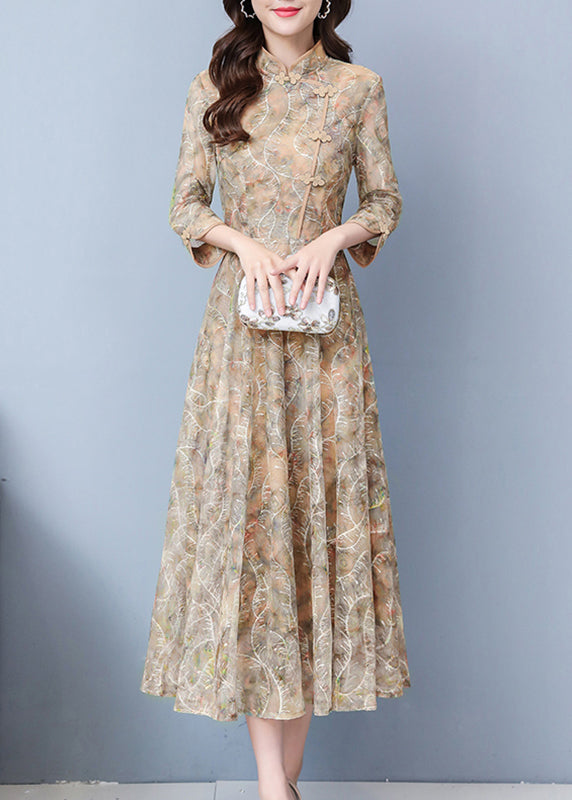 Khaki Print Exra Large Hem Lace Oriental Dresses Fall