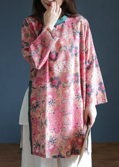 Pink Button Stand Collar Side Open Print Linen Tops Long Sleeve