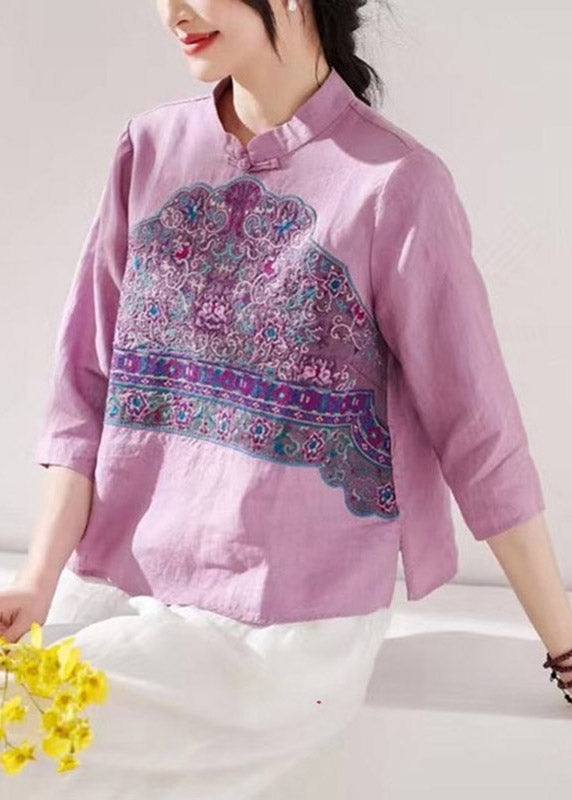 Purple Stand Collar Embroideried Button Linen Shirt Long Sleeve