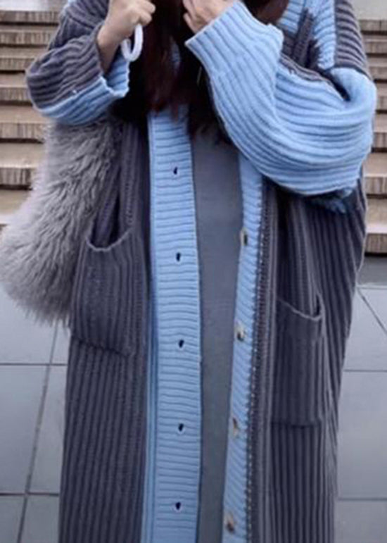Grey Blue V Neck Pockets Button Knit Loose Cardigan Fall