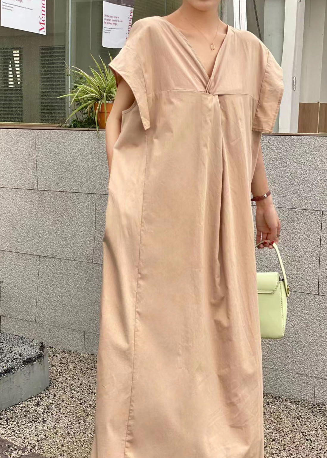 Light Green V Neck Wrinkled Patchwork Cotton Dresses Summer