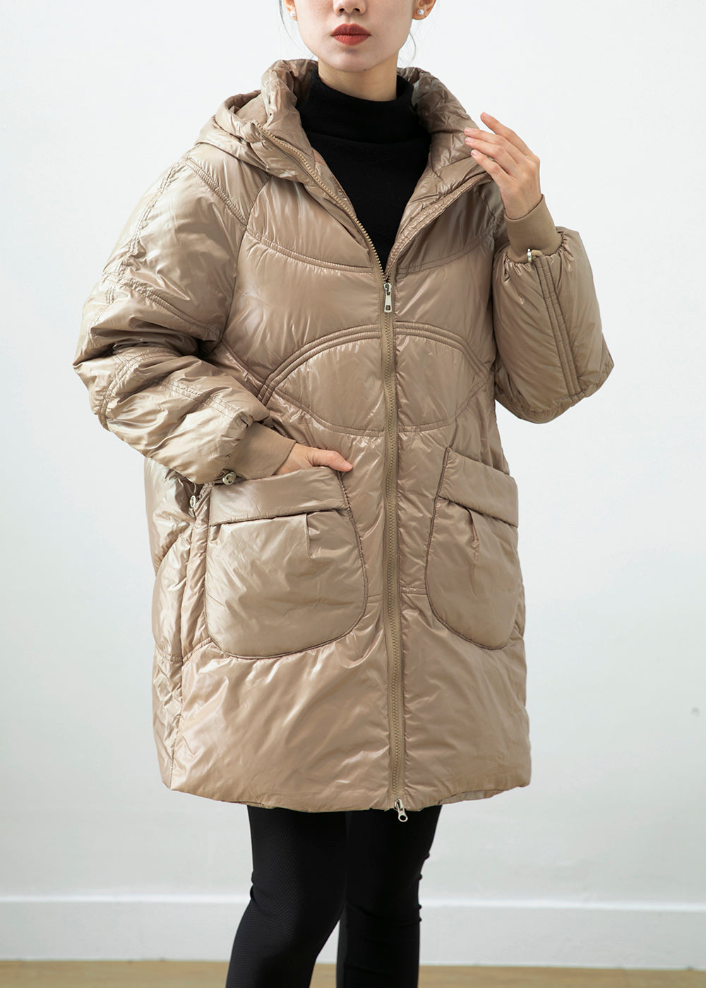 Khaki Hooded Pockets Fine Cotton Filled Winter Coats Winter