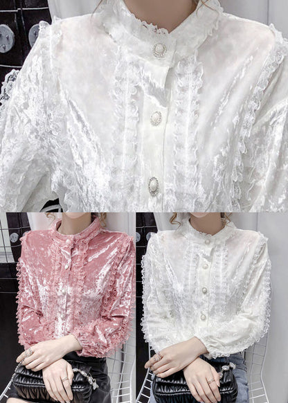 Pink Lace Patchwork Velour Blouses Stand Collar Button Long Sleeve