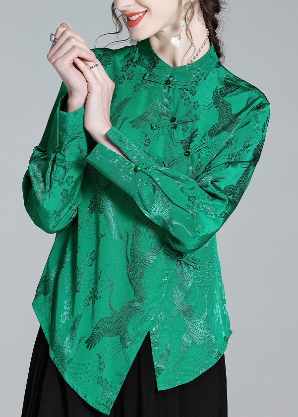Green Stand Collar Button Jacquard Silk Shirt Spring