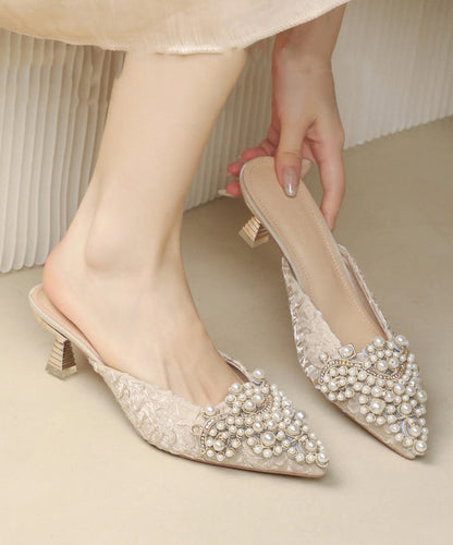 Splicing High Heel Blue Slide Sandals Nail Bead Pointed Toe