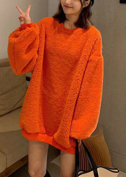 Loose Orange O-neck Thick Teddy Faux Fur Pullover Long Sleeve