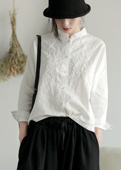 White Stand Collar Button Embroideried Shirt Top Long Sleeve
