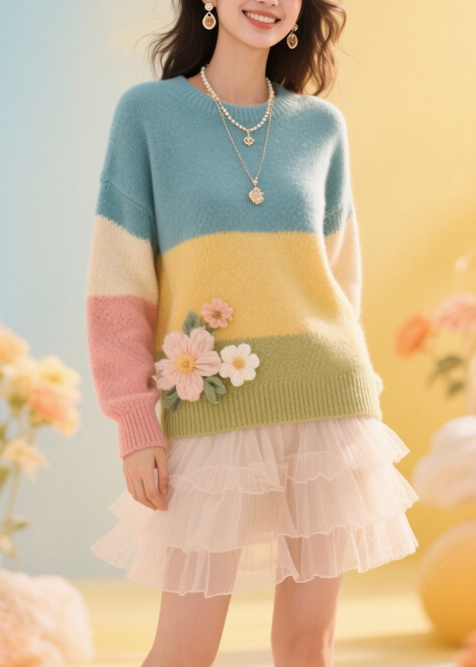 Colorblock O Neck Patchwork Knit Pullover Fall
