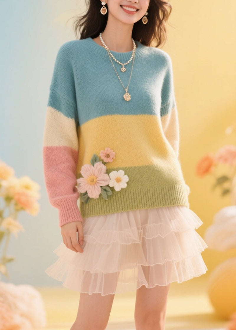 Colorblock O Neck Patchwork Knit Pullover Fall