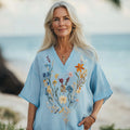 Women's Floral Embroidery Short Sleeve V Neck Casual Linen Top artswardrobe