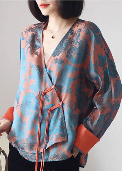 Loose Orange Buttonv Neck Print Silk Shirt Top Long Sleeve