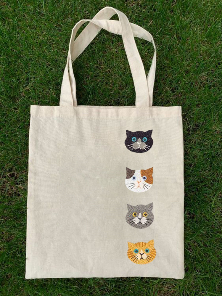 Comstylish Cute Cats Animal Embroidery Pattern Canvas Bag