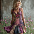 Vintage Roses Floral Embroidered Purple Patchwork Flowy Linen Dress artswardrobe
